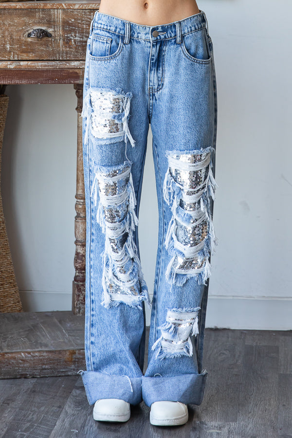 WASHED DISTRESSED SEQUENCE DENIM JEANS