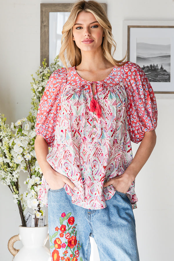 FLORAL MIXED PRINTED PUFF SHORT SLEEVE BLOUSE