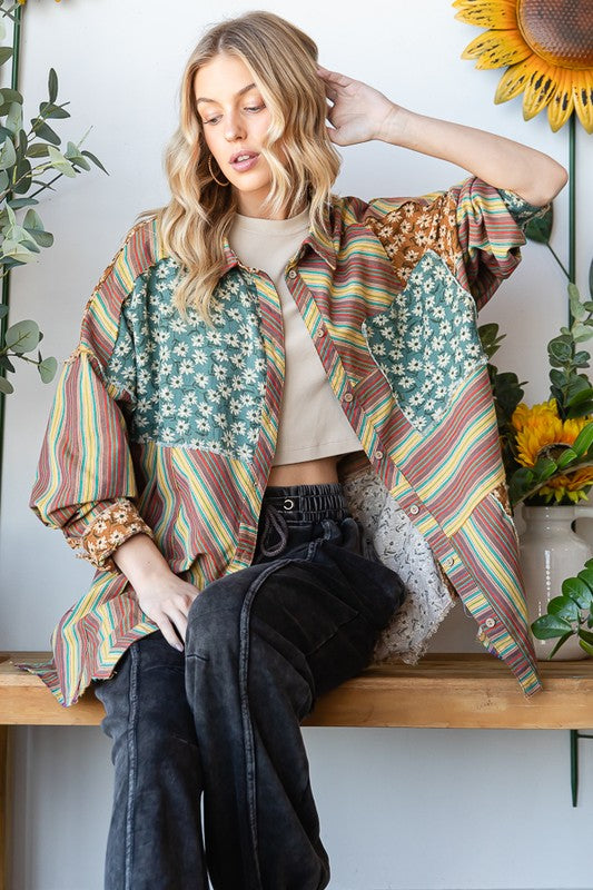 WASHED MIX MEDIA STRIPED BUTTON DOWN SHIRT