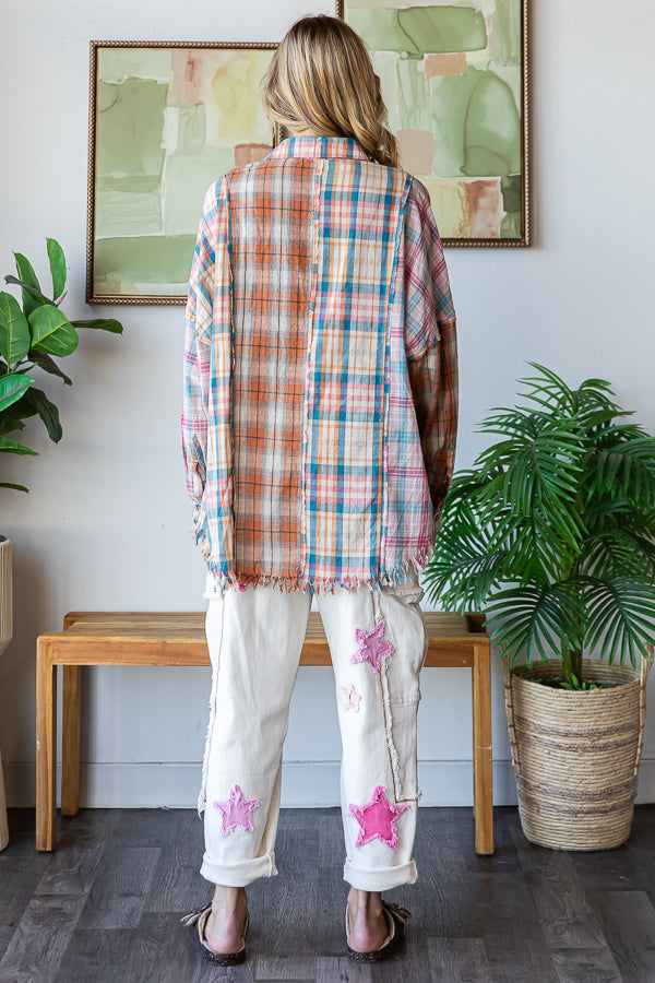 WASHED PLAID MIXED BUTTONDWON SHIRT