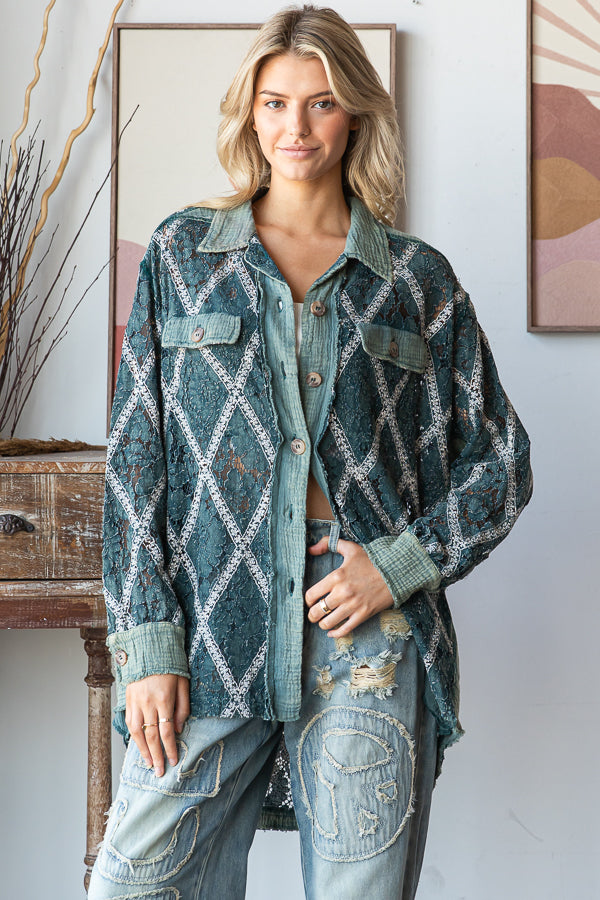 MINERAL WASHED BUTTON DOWN LACE TOP