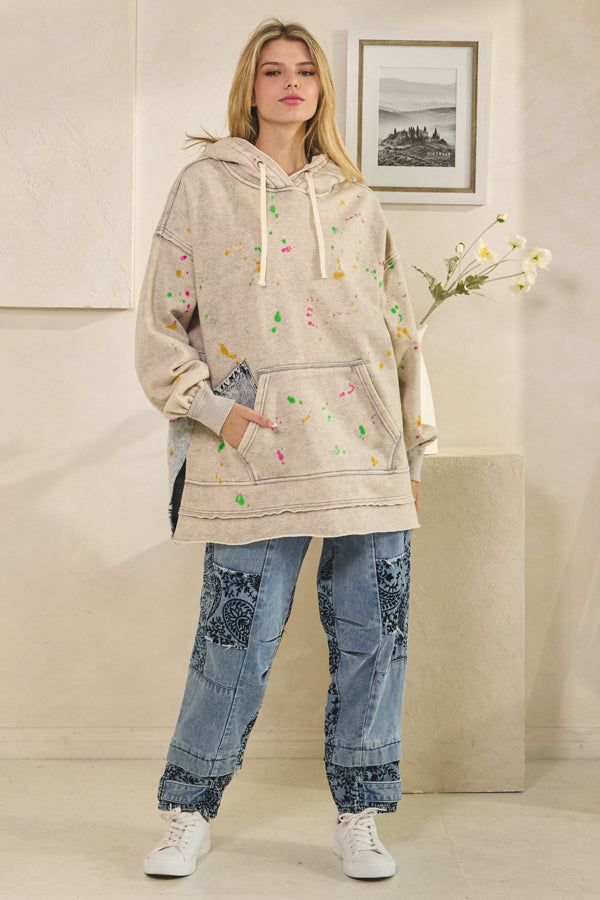 WASHED SPLATTER PAINT LONG SLEEVE HOODIE
