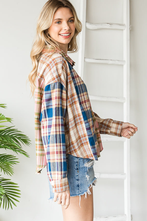 MIXED PLAID BUTTON DOWN SHIRT