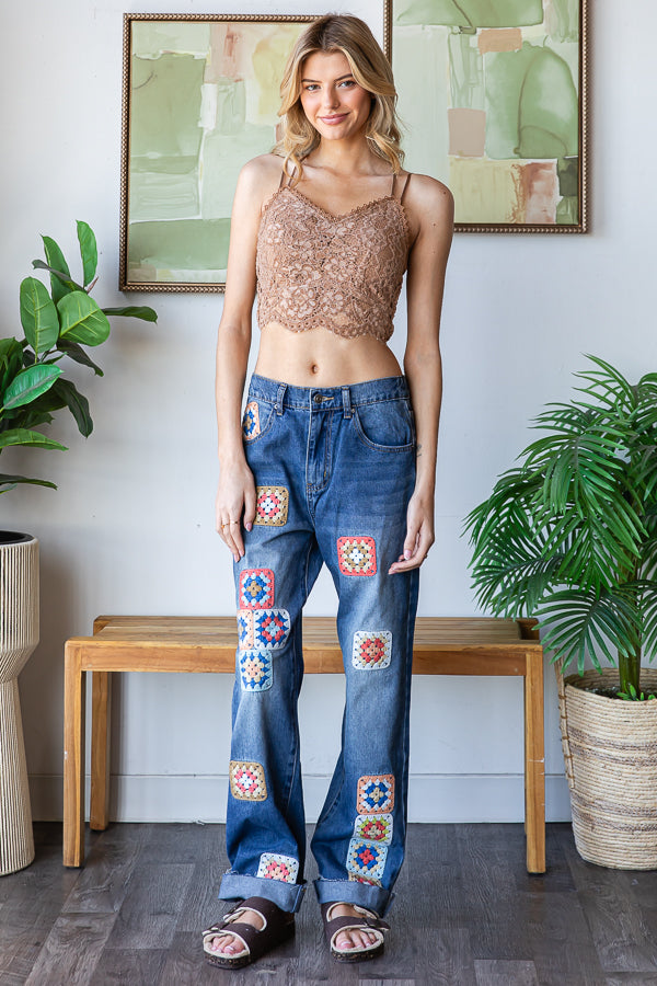 WASHED SQUARE CROCHET PATCHWORK DENIM JEANS