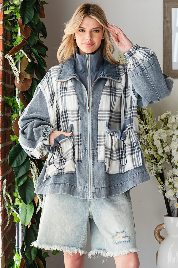 WASHED DENIM PLAID MIXED LAYERED ZIP UP JACKET