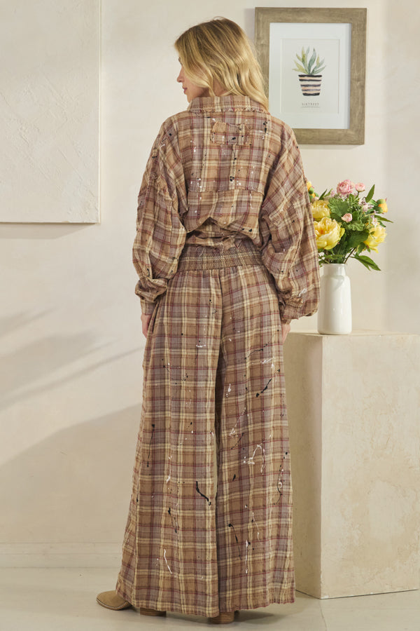 WASHED PLAID SMOCKED WAIST WIDE LEG PANTS