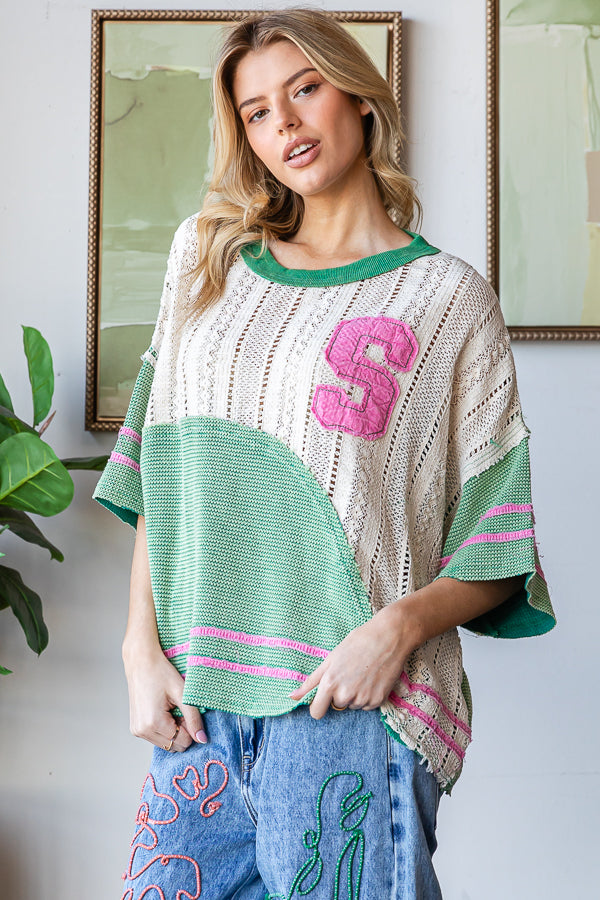 WASHED COLORBLOCK SWEATER KNIT DROP SHOULDER TOP