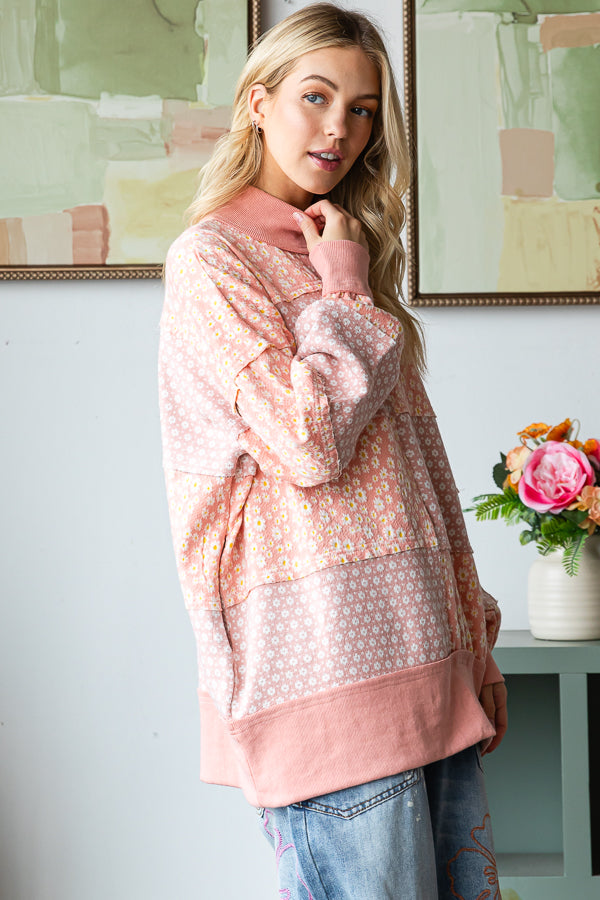 FLORAL PATTERNED FUNNEL NECK LONG SLEEVE SWEATER