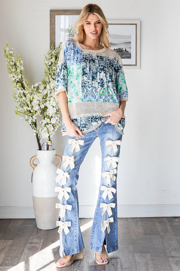 MIXED PRINT MESH CONTRAST RELAXED TOP