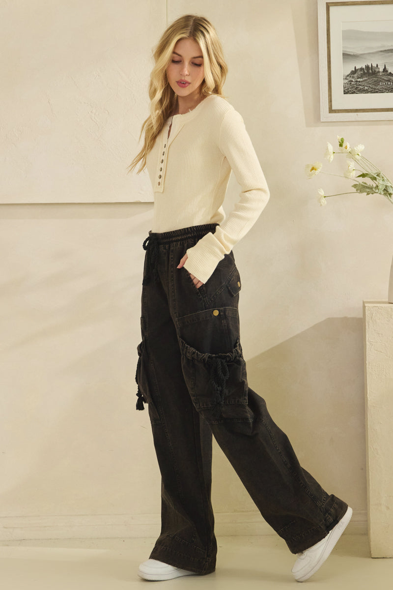 WASHED ELASTIC WAIST STRING POINT BIG POCKET PANTS