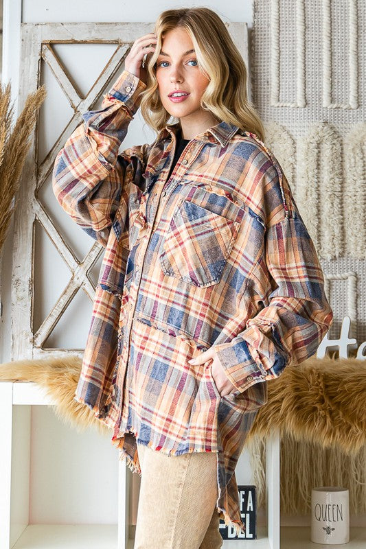 WASHED MULTI COLOR PLAID BUTTON FRONT SHIRT