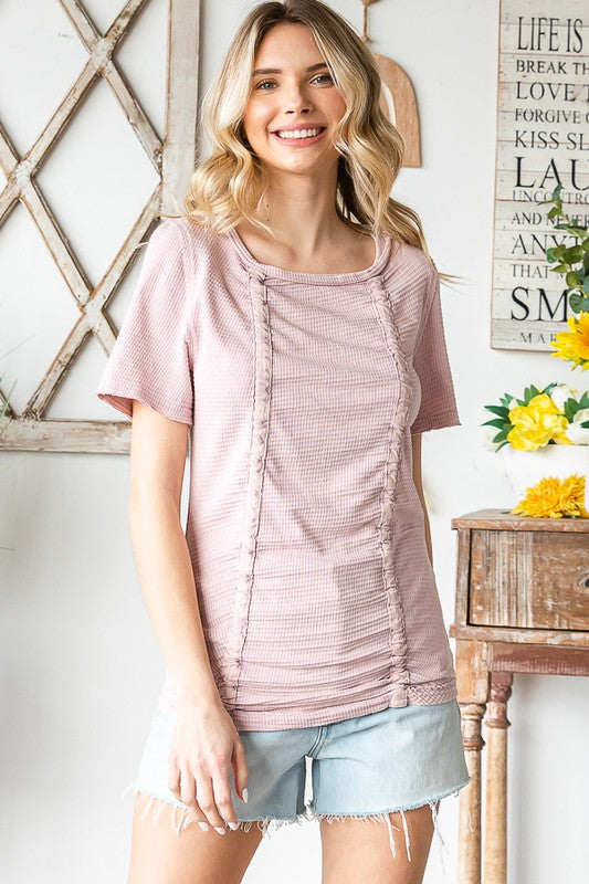 WASHED CINCHED SHORT SLEEVE KNIT TOP