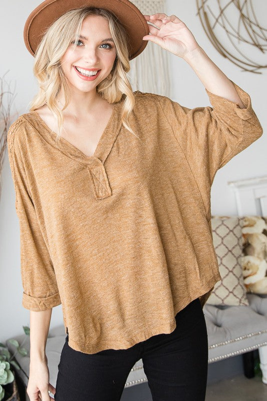 CROCHET BACK DETAIL KNIT V NECK TOP