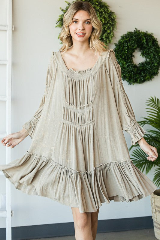 WASHED SCOOP NECK RUFFLE HEM BABYDOLL DRESS