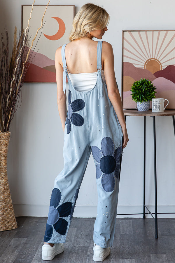 WASHED BIG FLOWER PATCHWORK OVERALL