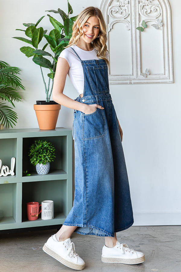 WASHED FRONT POCKET SLEEVELESS DENIM JUMPSUIT