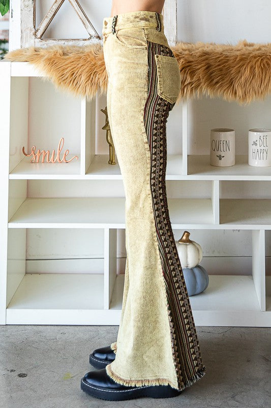 WASHED AZTEC PATTERN BELL BOTTOM CORDUROY PANTS