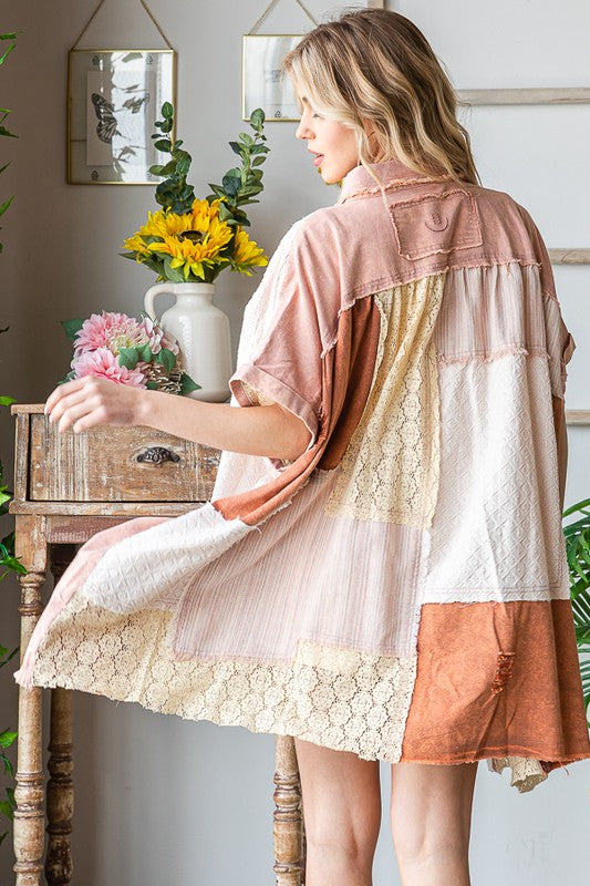 MIX MEDIA MINERAL WASHED SHORT SLEEVE SHIRT DRESS