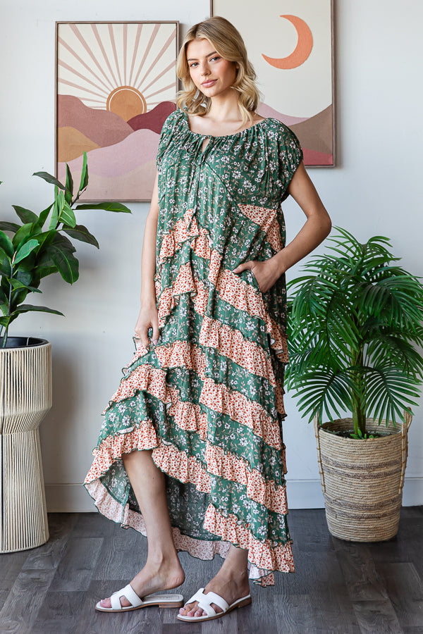 FLORAL PRINTED LAYERED RUFFLE MAXI DRESS
