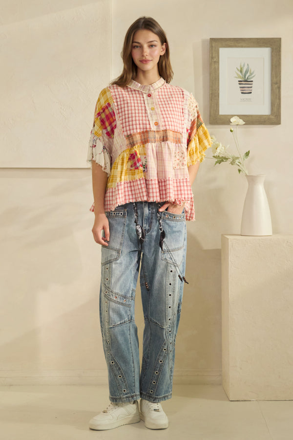 WASHED RUFFLE HEM MIXED PLAID TOP