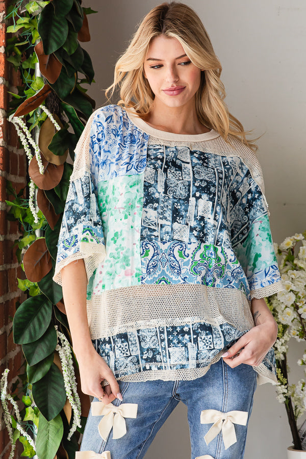 MIXED PRINT MESH CONTRAST RELAXED TOP
