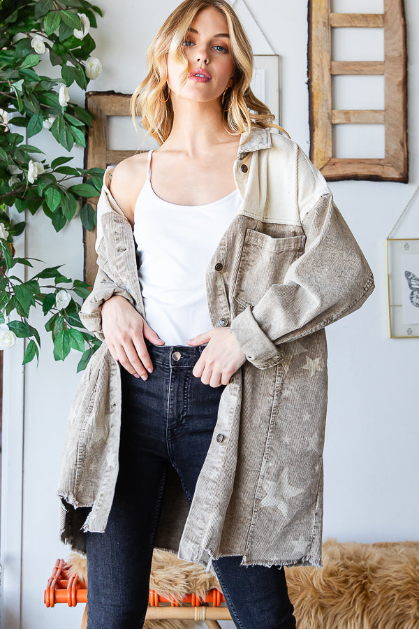 WASHED COLORBLOCK STAR PRINT DETAIL SHACKET