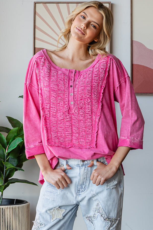 SMOCKED FRONT HENLEY NECK OVERSIZED TOP