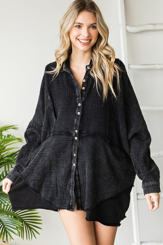 MINIERAL WASHED LAYERED HEM HOODED GAUZE SHIRT