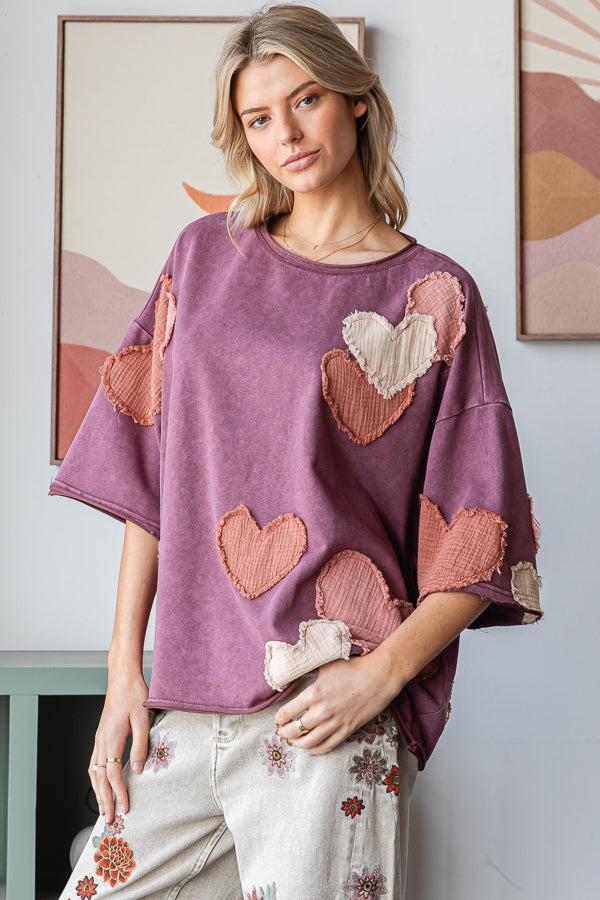 HEART PATCHWORK MINERAL WASHED SHORT SLEEVE TEE