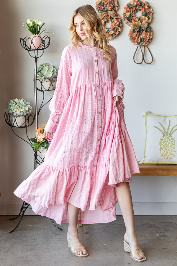 WASHED BUTTON FRONT RUFFLE HEM LONG DUSTER