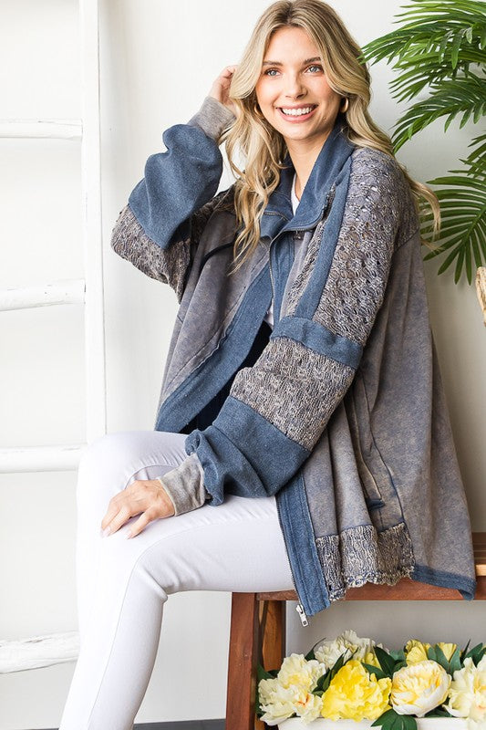 WASHED MIX MEDIA CROCHET LACE FRENCH TERRY JACKET