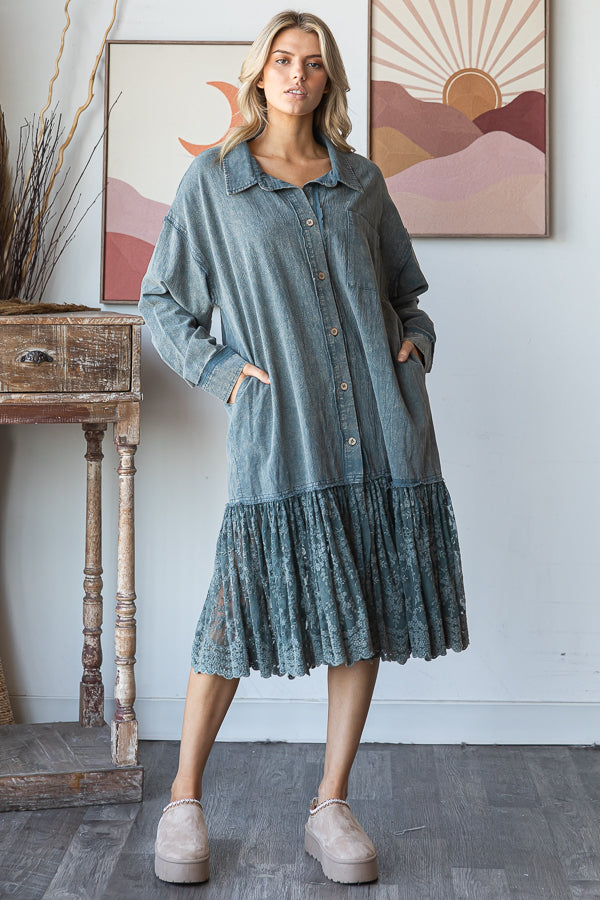 WASHED FLARE RUFFLE LACE HEM MIDI SHIRT DRESS