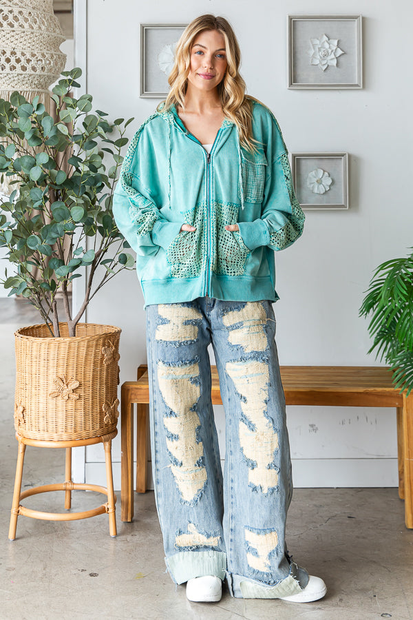 WASHED BACK TWIST DETAIL HOODED ZIP UP JACKET