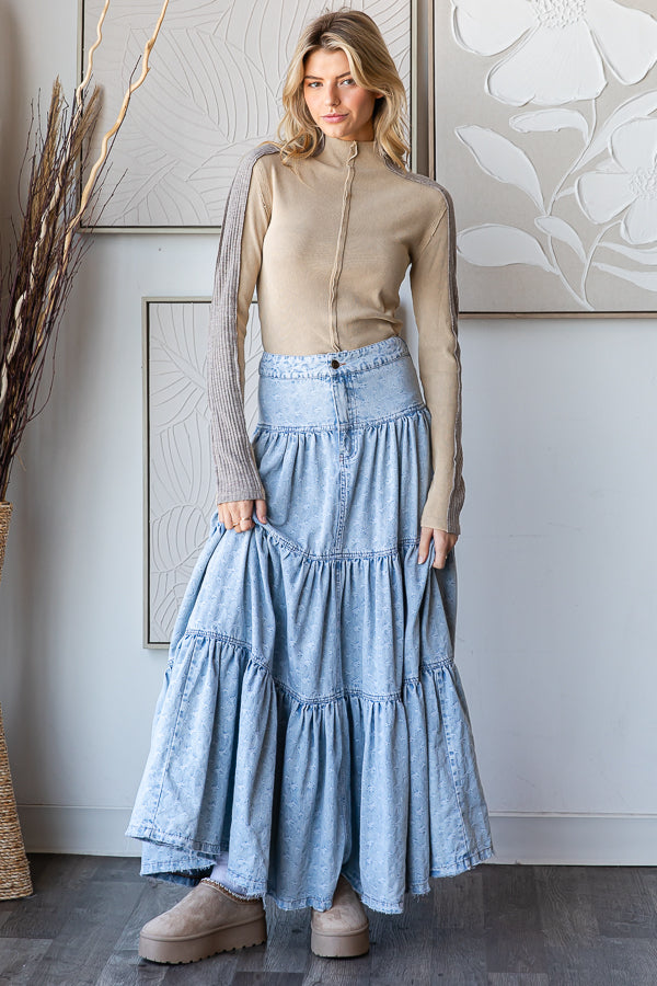 WASHED PRINTED MAXI TIERED SKIRT