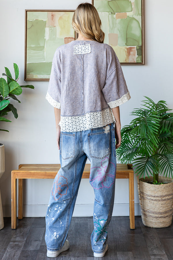 WASHED RIBBON PATCHWORK SHORT SLEEVE OVERSIZED TOP
