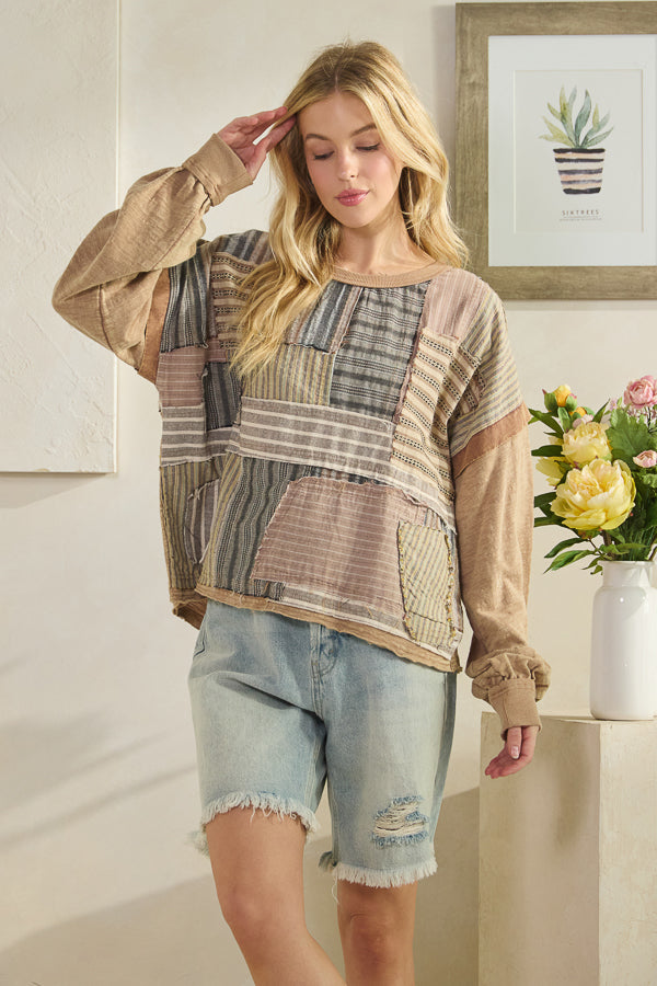 WASHED PATCHWORK FABRIC MIXED LONG SLEEVE TOP