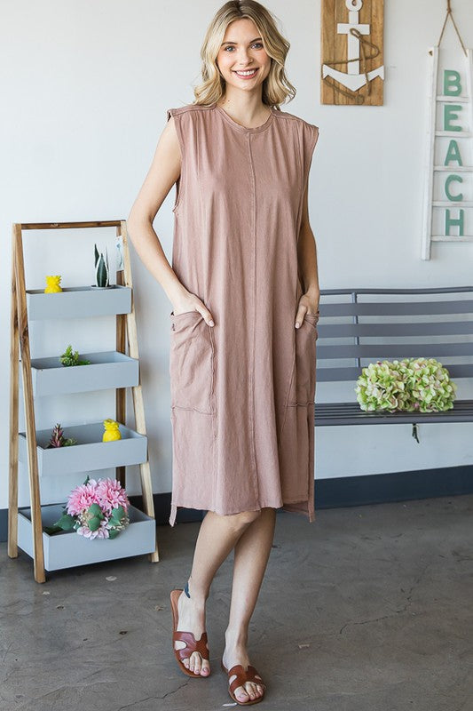 WASHED SLEEVELESS SIDE POCKETS COTTON TUNIC DRESS