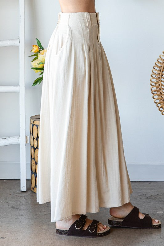 WASHED PLEATED DETAIL FLARE HEM MAXI SKIRT