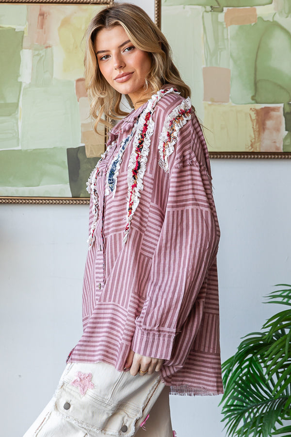 RUFFLE CONTRAST DETAIL STRIPED BUTTON DOWN SHIRT
