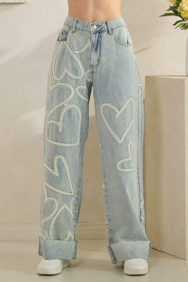 WASHED HEART PATCHWORK DETAIL DENIM JEANS