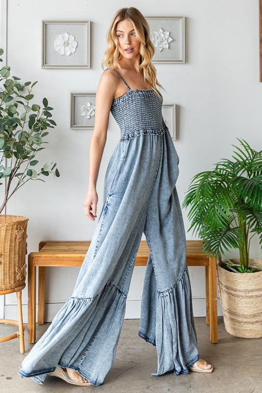 WASHED SMOCKED DETAIL RUFFLE WIDE LEG JUMPSUIT