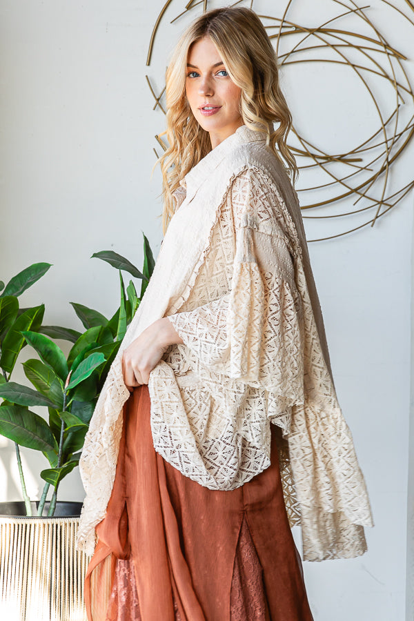 WASHED LACE RUFFLE HEM BUTTON FRONT SHIRT