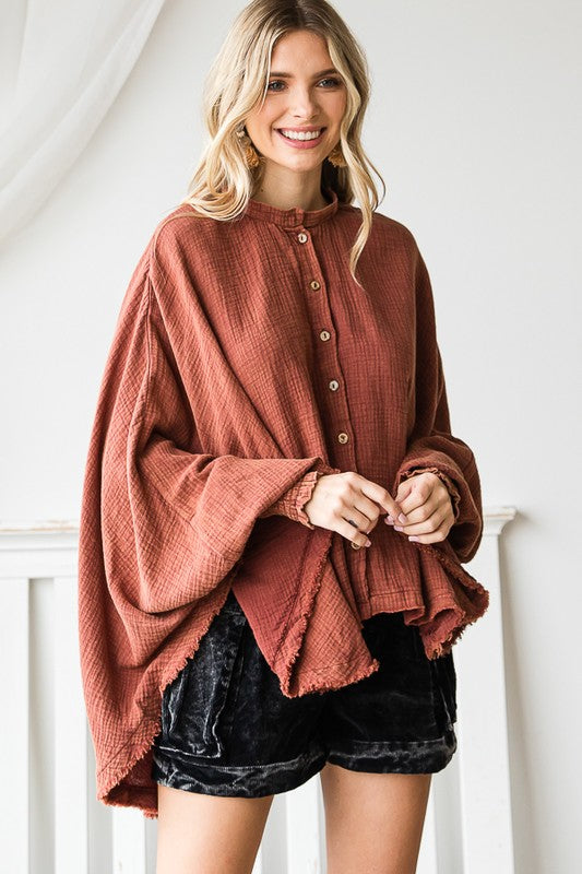 WASHED BUTTON DOWN BATWING SLEEVE OVERSIZED BLOUSE