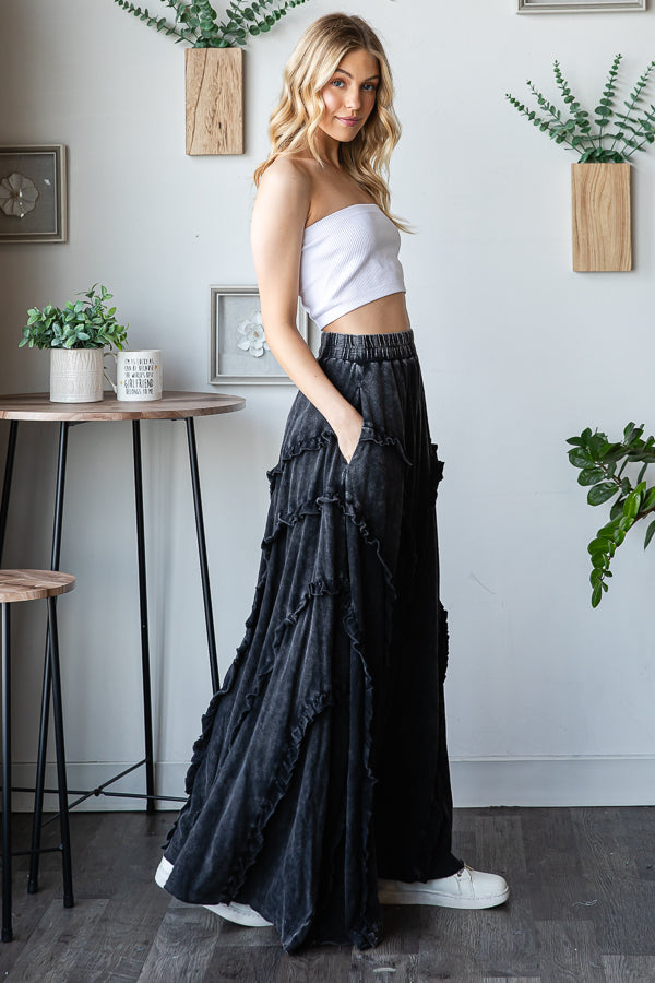 RUFFLE DETAIL WIDE LEG FLARE PANTS