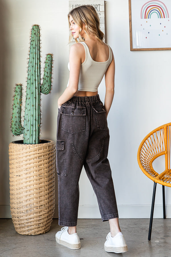 WASHED POCKETS HIGH WAIST CARGO PANTS