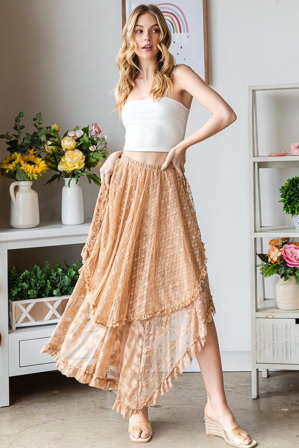 LAYERED IRREGULAR LACE FLARE MIDI SKIRT