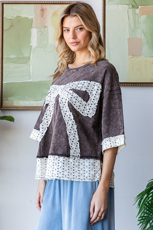 WASHED RIBBON PATCHWORK SHORT SLEEVE OVERSIZED TOP