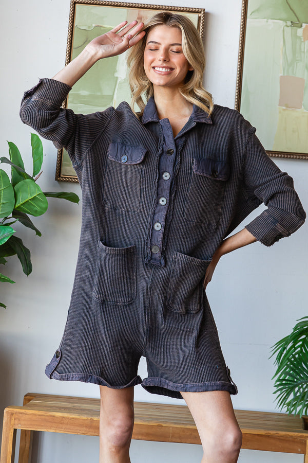 WASHED FRONT POCKETS OVERSIZED THERMAL ROMPER
