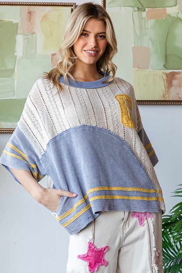 WASHED COLORBLOCK SWEATER KNIT DROP SHOULDER TOP