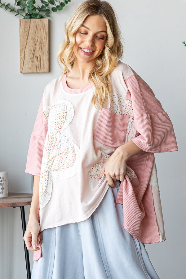 WASHED FLOWER PATCHWORK SHORT SLEEVE TOP